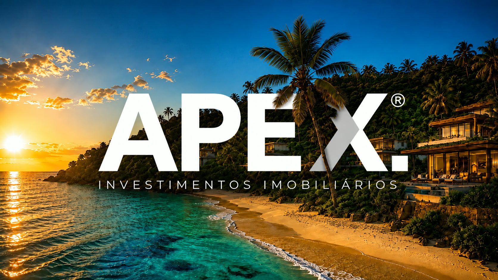 Arte APEX Desenvolvimentos Imobiliários — praia do litoral nordestino ao pôr do sol com coqueiro em primeiro plano